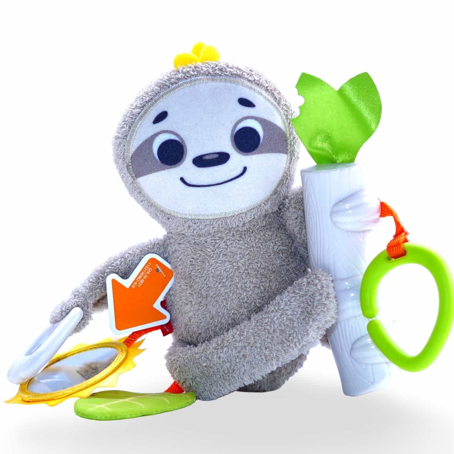 Close-up of Silvo plush sloth toy showing soft brown fabric and cute face