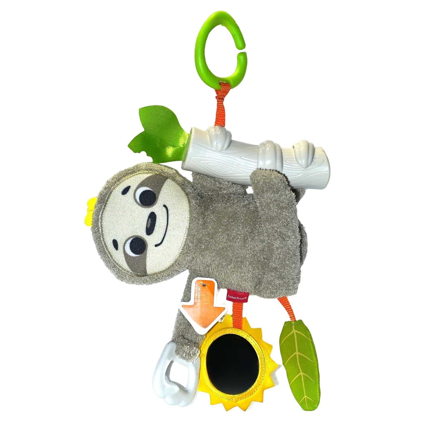 “Silvo calming sloth toy attached to stroller handle with Velcro arms