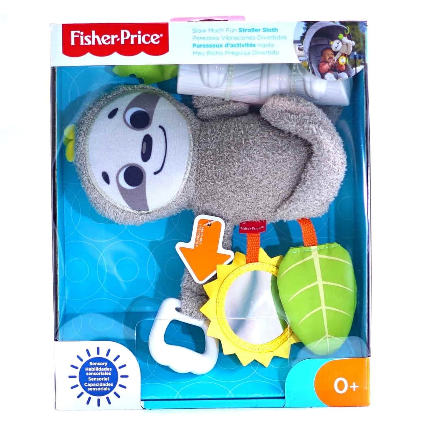 Baby smiling while holding Silvo the sloth toy in stroller